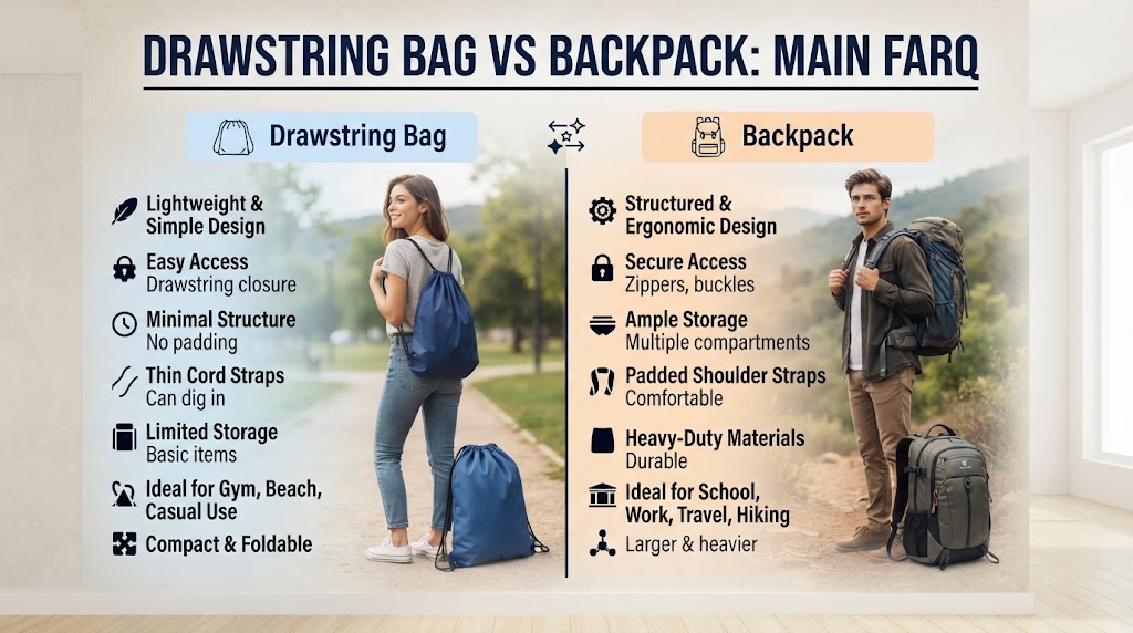 Drawstring Bag vs Backpack Main Farq